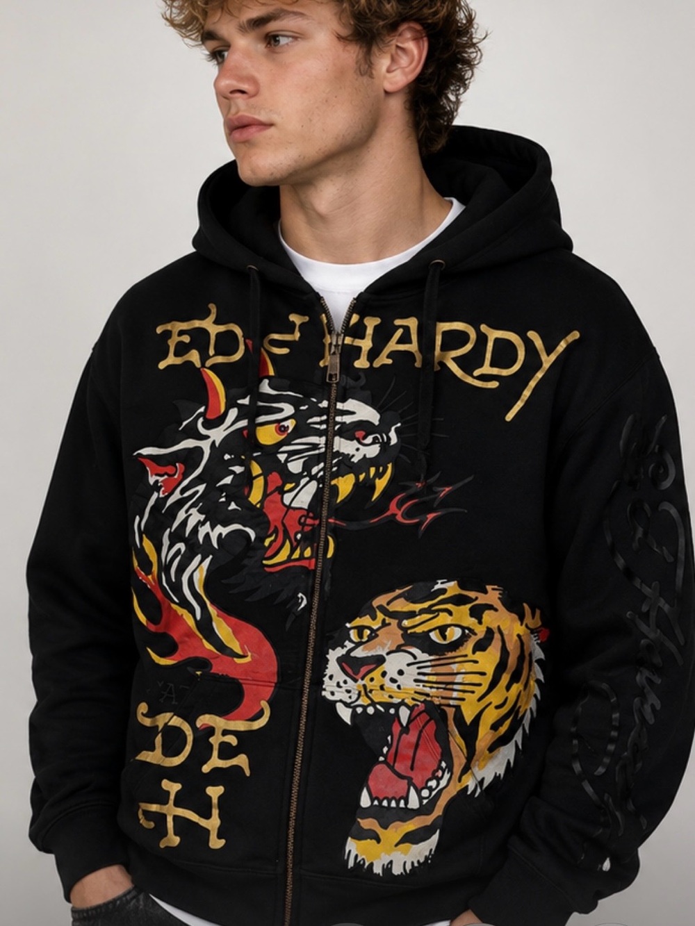 Ed Hardy Black Zip-Up Hoodie with Tiger Graphic